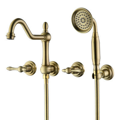 SUMERAIN Vægbeslag badekararmatur med håndbruser, børstet guld, traditionel stil badekararmatur, indbygningsventil inkluderet