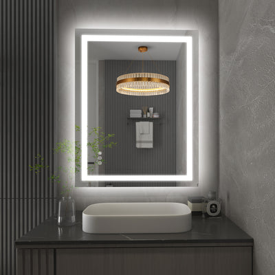 SUMERAIN LED badeværelsesspejl med forgrunds- og baggrundsbelysning, 28 x 36 tommer 3 farver dæmpbart smart oplyst badeværelsesspejl til væg, anti-dug, hukommelsesfunktion, hærdet glas, ETL certificeret