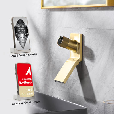 SUMERAIN Vægmonteret badeværelsesvaskarmatur, enkeltgrebs ét-huls vaskarmatur med foldbar tud, grovmonteringsventil, børstet guld