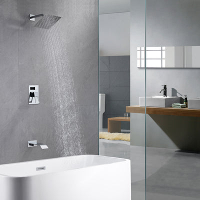 Badekar-brusearmatur system med vandfaldsbadekarudløb og anti-brændende trykbalancerventil, krom finish